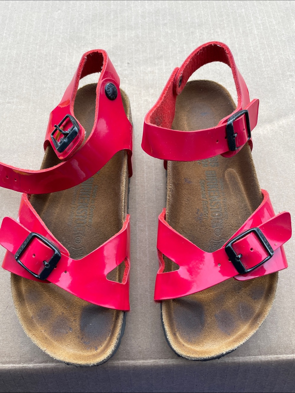 Very nice and Rare Birkenstock Bright Red Patent Double Buckle Sandals